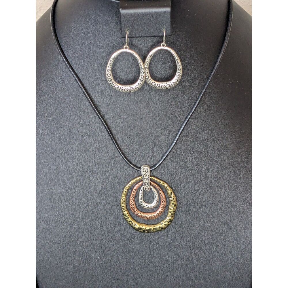 Boho Multi-Tone Triple Ring Pendant Necklace & Matching Swirl Hoop Earrings Set